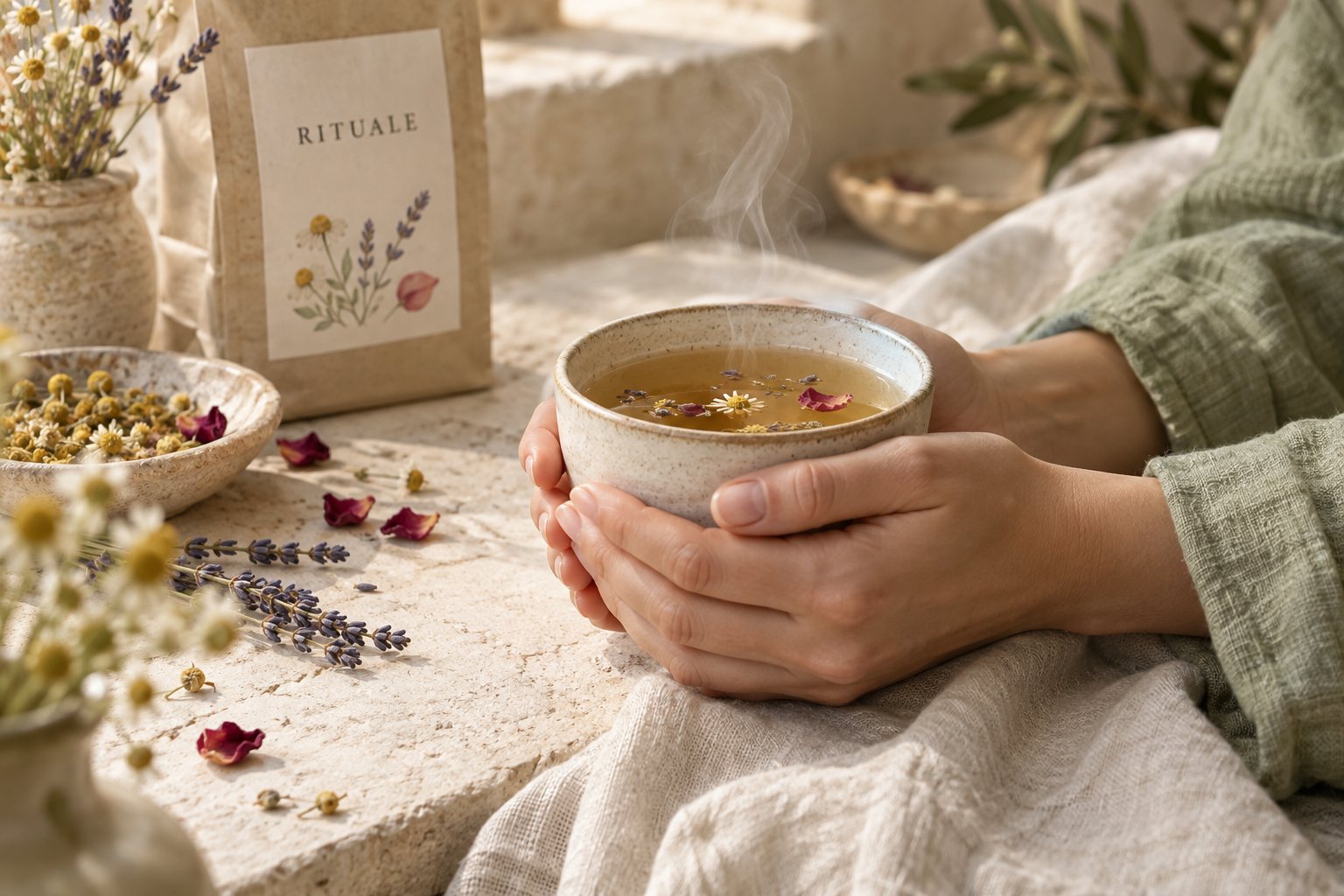 Una tazza di tisana tra le mani